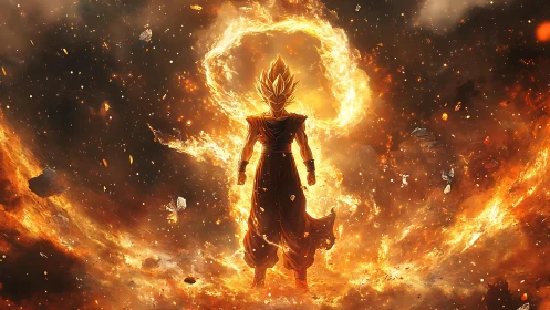 Blazing cosmic warrior standing inside a storm of fire.