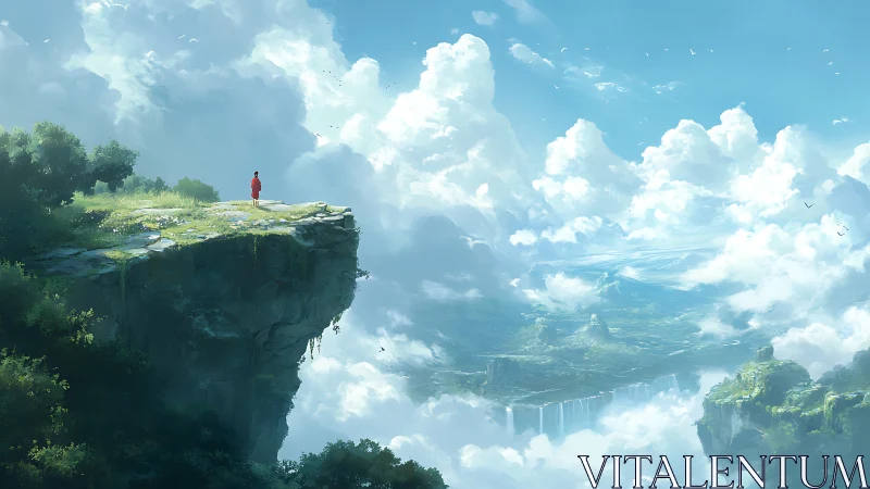 Person in red stands on cliff above vast cloudy landscape