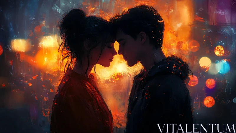 Two figures locked in intimate proximity against luminous urban backdrop.