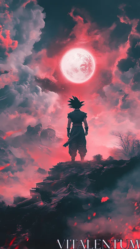 Lone anime warrior gazes toward a glowing crimson moon.