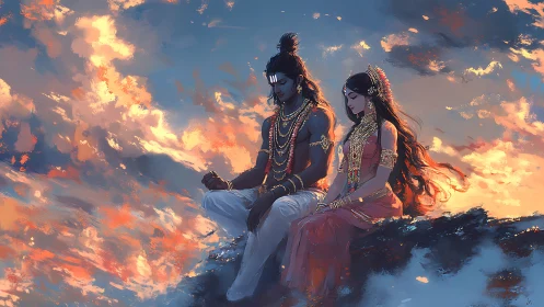 Divine couple in jeweled attire against radiant cloudscape.
