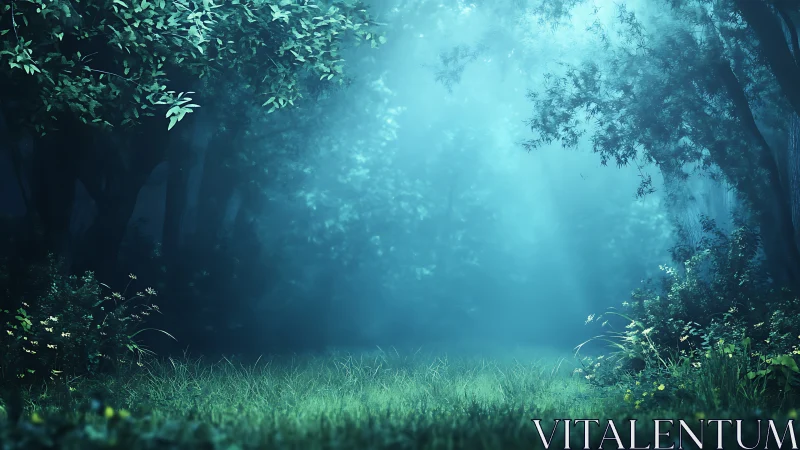 Luminous Woodland Threshold Where Mist Whispers Secrets.