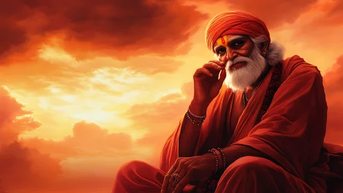 Orange robed sage contemplates under blazing sunset sky