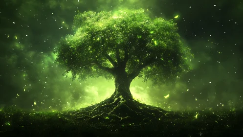 Majestic glowing tree in mystical forest, fantasy art style.