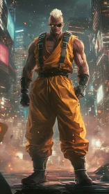 Neon battlemaster in molten orange stalking the city night.