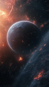 Distant planets glow softly amid warm, fiery starlight