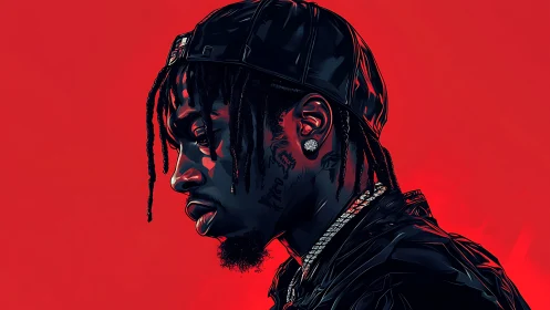 Moody hip-hop portrait glowing against bold red light.