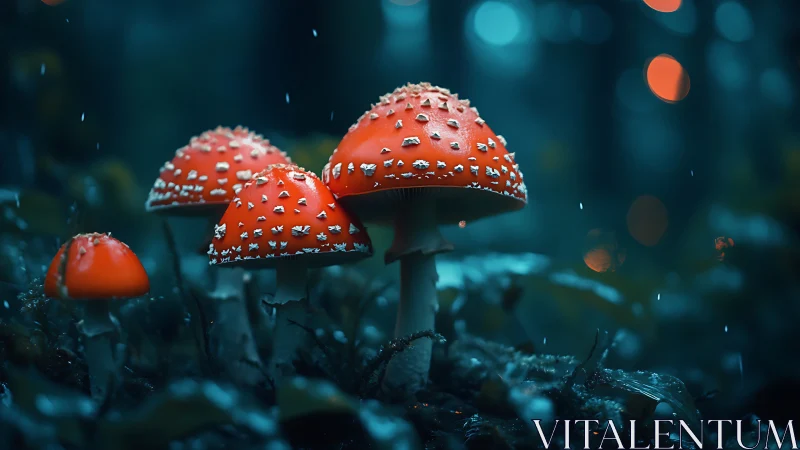 Moonlit raindrops crown crimson forest mushrooms softly