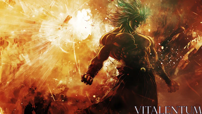 Fiery anime warrior erupts with explosive golden power surge.