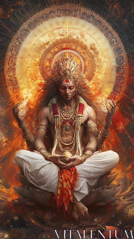 Mythic ascetic deity levitates within concentric blazing mandala