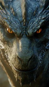 Cinematic dragon head close-up with molten amber eyes.
