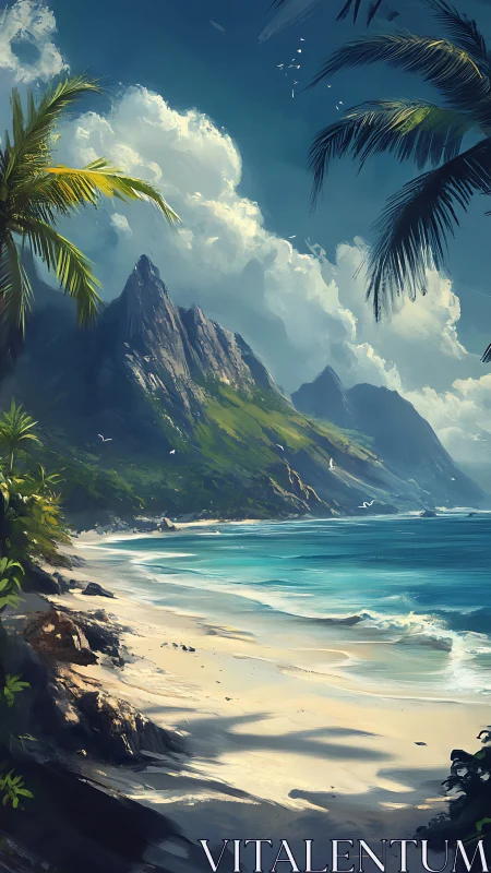 Dramatic Tropical Coastal Vista with Jagged Peaks.