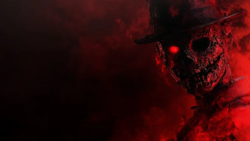 Infernal skeletal revenant in hat amid volumetric red haze.