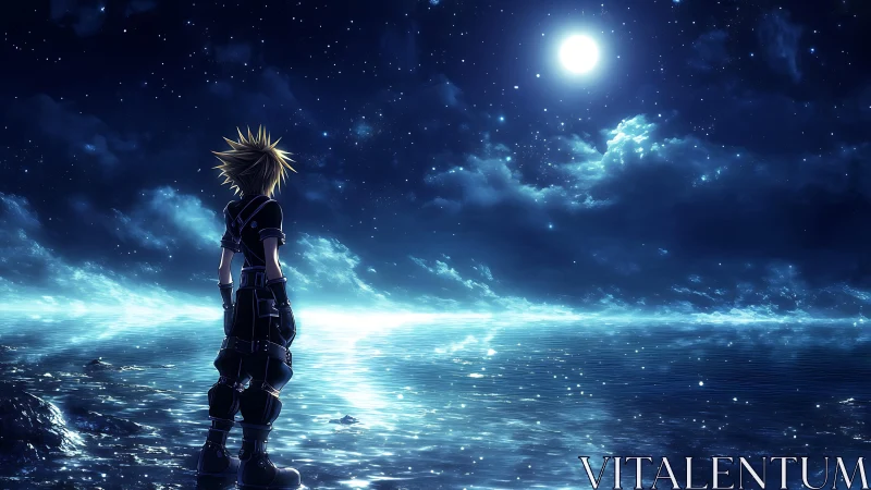 Cel-shaded anime figure observing specular moonlit ocean horizon