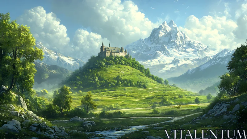 Hilltop castle stands above green valley and distant peaks
