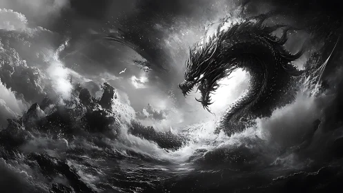 Sea dragon coils through storm waves in monochrome chaos