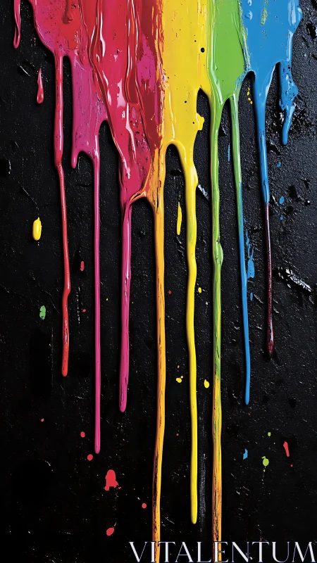 Vertical multicolor paint drips over rough black surface.