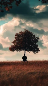 Solitary figure resting beneath a lone tree at dusk.