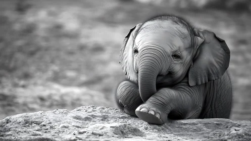 Baby elephant lounges on rocky ledge in tender grayscale glow.