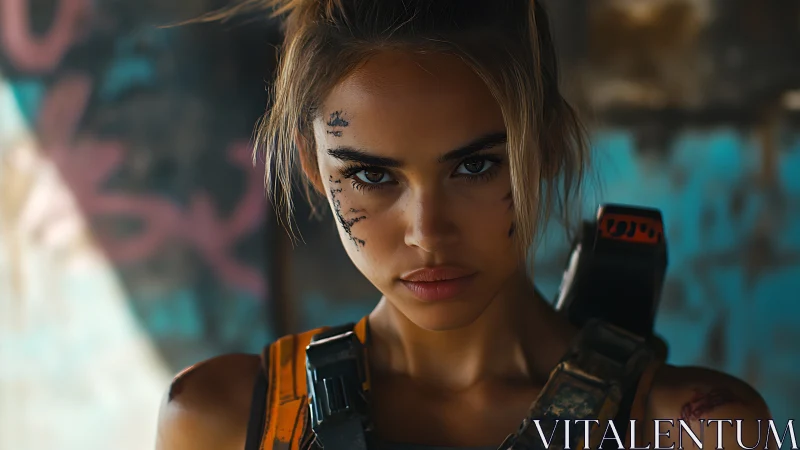 Female subject in tactical gear with facial markings, indoors.