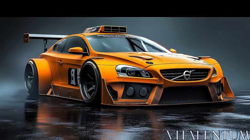 Orange track beast poised on slick midnight asphalt.