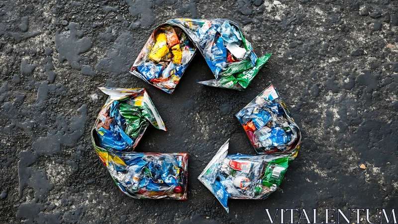Recycling symbol shaped from crushed colorful plastic waste.