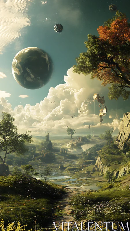 Planetary sky over hyper-detailed alien valley with volumetric clouds