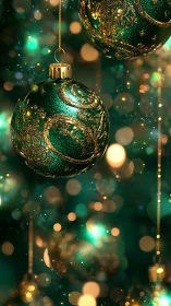 Green glass ornaments with gold glitter decoration detail.