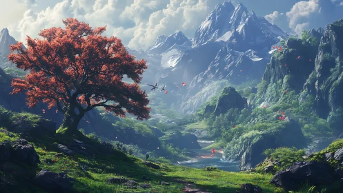 Vast alpine valley with red tree rendered in high detail lighting