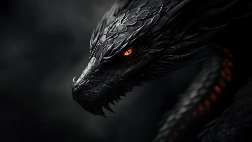 Gleaming obsidian dragon watches quietly in the shadows