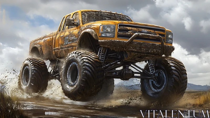 Mud-crowned monster truck thunders across stormy plains.