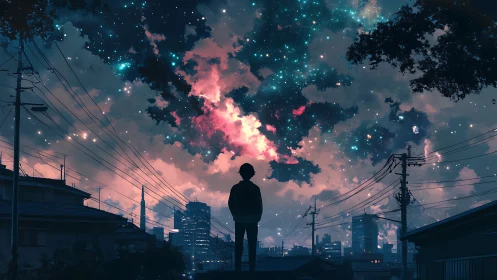 Solitary dreamer gazes at a neon cosmos above the quiet city