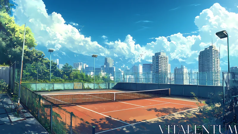 Sunlit rooftop tennis court overlooks a calm urban skyline