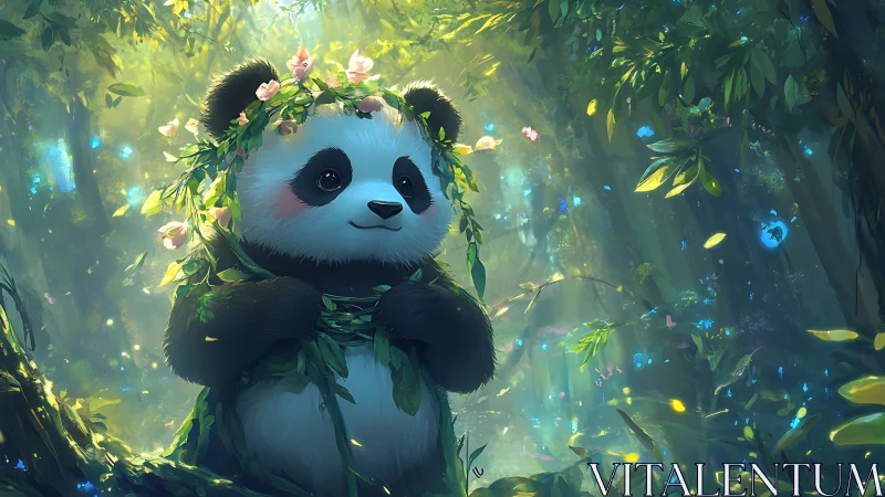 Woodland dreamer panda crowned in glowing forest blooms.