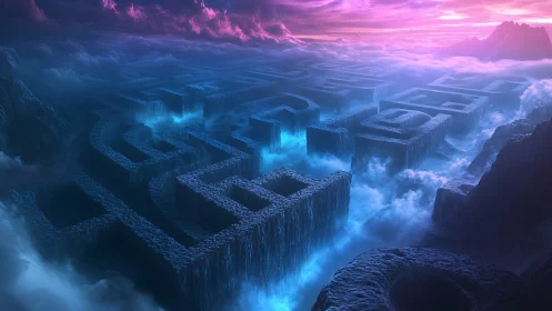 Celestial stone labyrinth floats above glowing mist horizon.