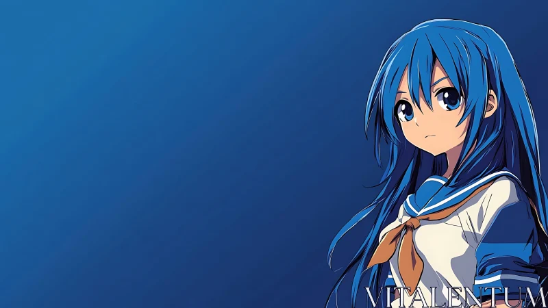 Quiet blue-haired anime girl against a calm sky backdrop.