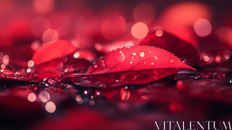 Crimson leaf macro with dewdrops and glowing bokeh light