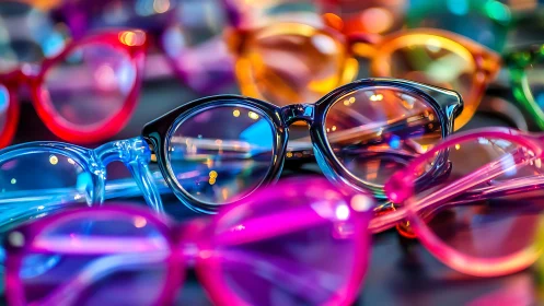 Chromatic acrylic eyeglass cluster in shallow optical focus.