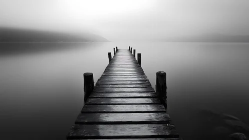 Lonely wooden pier stretches into calm misty lake horizon.