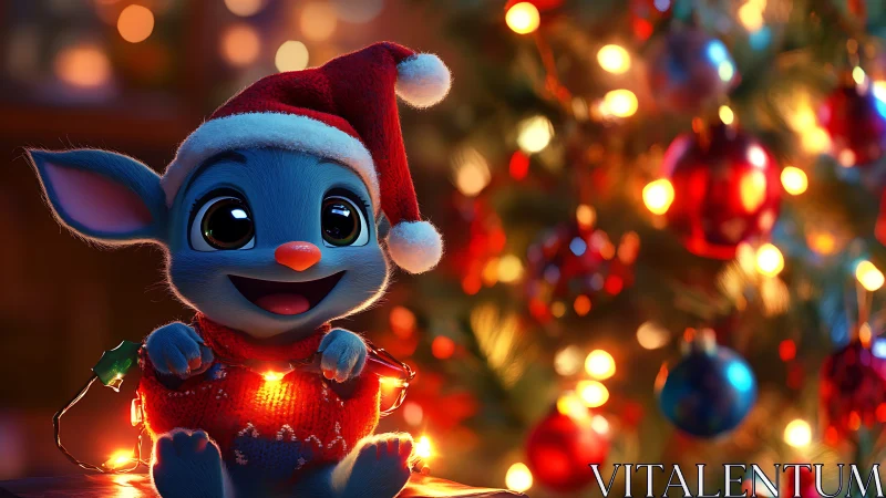 Bright-eyed blue creature celebrates a cozy Christmas night