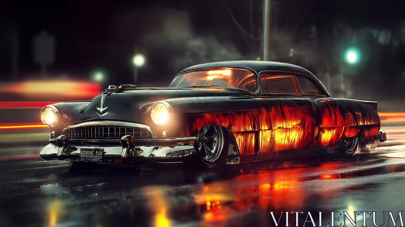 Retro lowrider sedan glows with molten neon reflections.