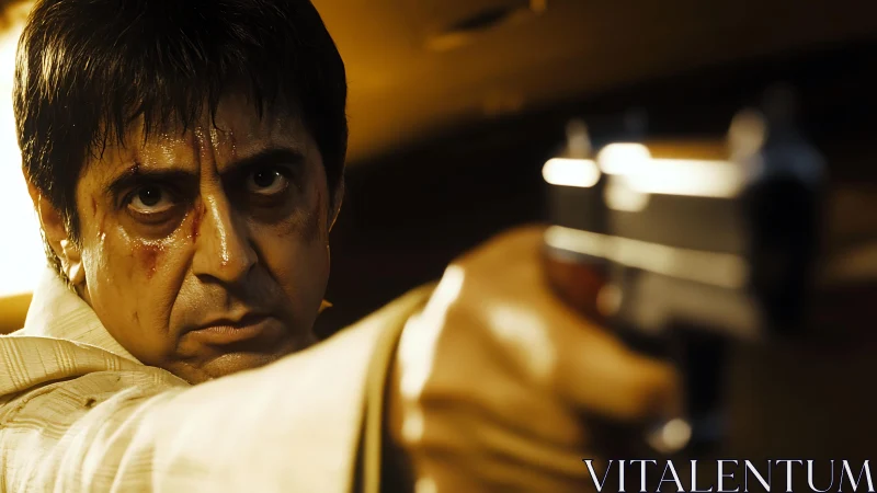 Bruised gunman aims pistol under harsh golden light.