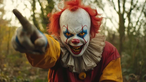 Terrifying horror clown lunges forward in a shadowy forest