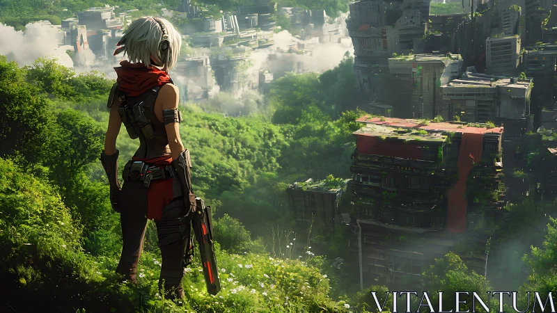 Rogue scout studies jungle-wrapped ruins of a drowned city