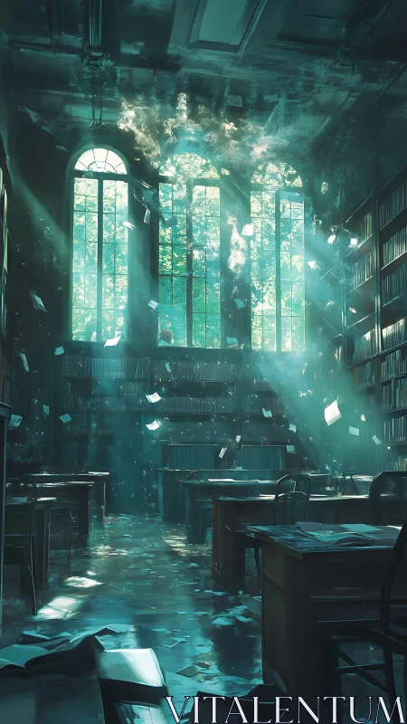 Sunlit pages escape an abandoned, dream-drowned library