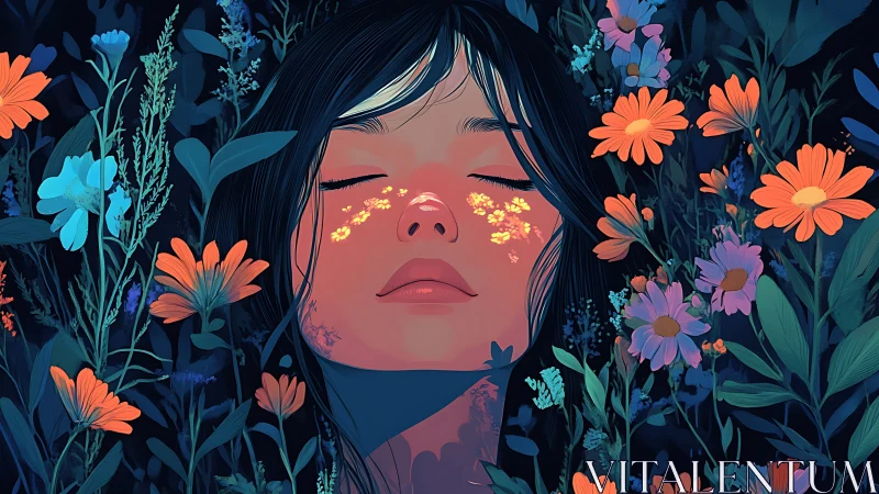 Portrait of woman among neon-toned wildflowers at night.