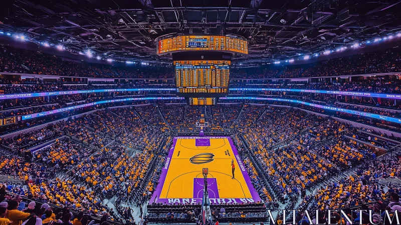Electric arena glow over a roaring purple hardwood temple.