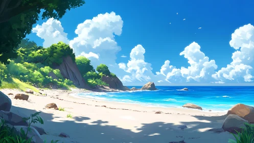 Tropical Coastal Cove: Seascape Digital Rendering with Atmospheric Depth.