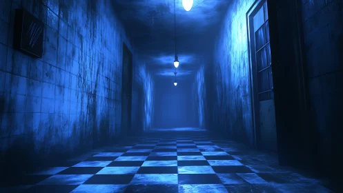 Moody blue corridor stretches into a misty, mysterious distance