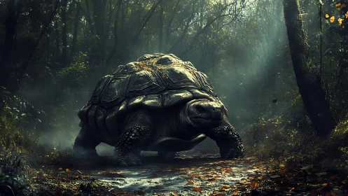Ancient giant tortoise moves through misty enchanted forest